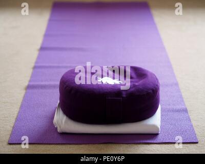 De couleur violet tapis de yoga et yoga coussin dans une salle de yoga. Banque D'Images