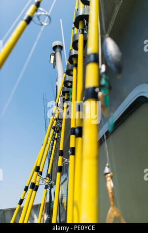 Vue basse rangée de cannes à pêche sur un bateau de pêcheur. Close up of yellow bordée des cannes à pêche avec appât appât dans un bateau. Banque D'Images