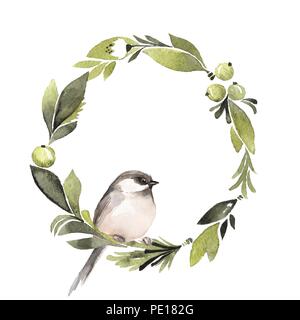 Couronne de fleurs à l'aquarelle. L'élément dessiné à la main pour la conception. Forme arrondie avec bird Banque D'Images
