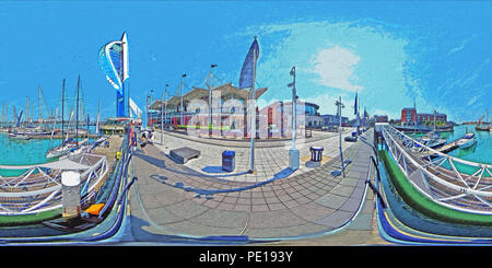 Centre commercial GUNWHARF QUAYS et marina à Portsmouth, Hampshire, Angleterre. 360 L'art numérique, panorama équirectangulaire (sphérique) Banque D'Images