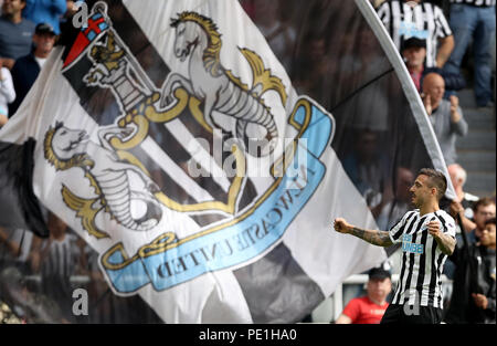 Le Newcastle United Joselu fête marquant son premier but de côtés du jeu pendant le premier match de championnat à St James' Park, Newcastle. Banque D'Images