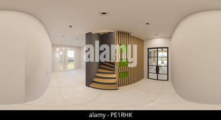 Illustration 3d panorama 360 degrés une conception intérieure d'un foyer dans une maison de campagne. Escalier dans un style scandinave moderne. Ecological Banque D'Images