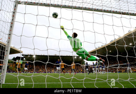 Le gardien d'Everton Jordan Pickford ne parvient pas à arrêter la balle comme des Wolverhampton Wanderers Ruben Neves du côté marque son premier but du jeu au cours de la Premier League match à Molineux, Wolverhampton. Banque D'Images