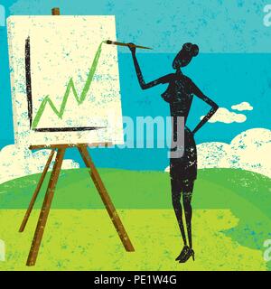 La projection des bénéfices plus élevés. Une femme peinture d'un graphique avec des profits plus élevés sur son chevalet. Illustration de Vecteur