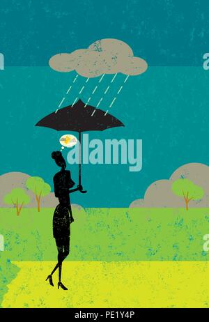 Attitude positive. Une femme tenant un parapluie avec un nuage de pluie sombre sur sa tête. Illustration de Vecteur