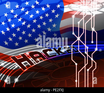 Hacker russe Moscou Spy Campagne 3d illustration montre bulletin de vote alerte violation contre nous des élections. Les pirates en ligne numérique et d'Espionnage Attention Banque D'Images