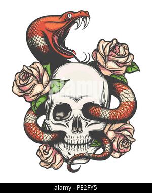Conception de tatouage coloré avec crâne, roses et serpent. Vector illustration. Illustration de Vecteur