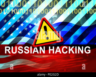 Hacker russe Moscou Spy Campagne 3d illustration montre bulletin de vote alerte violation contre nous des élections. Les pirates en ligne numérique et d'Espionnage Attention Banque D'Images