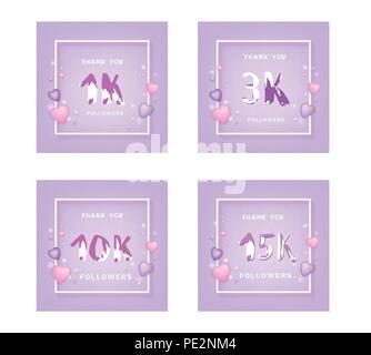 Ensemble de disciples les cartes de remerciements. Abonnés Célébration des bannières avec cadre. 1K, 3K, 10K, 15K. Modèle pour les médias sociaux. Vector illustration. Illustration de Vecteur