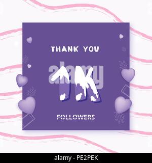 1k followers carte de remerciement. Célébration 1000 abonnés bannière. Modèle pour les médias sociaux. Vector illustration. Illustration de Vecteur