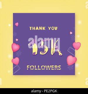 15K abonnés carte de remerciement. Célébration 15000 abonnés bannière pour canal public. Modèle pour les médias sociaux. Vector illustration. Illustration de Vecteur