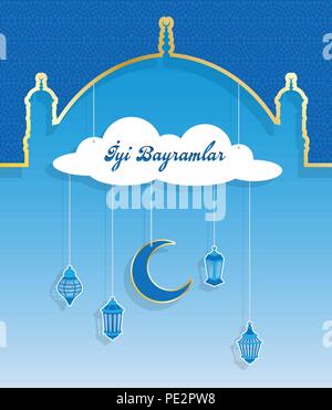 Message d'eid en turc avec dome et lanternes. Tous les objets sont dans des couches différentes et les types de texte n'ont pas besoin de police. Illustration de Vecteur