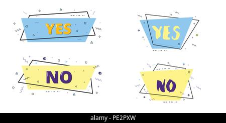 Set de badges trapèze Oui et Non. Memphis style. Pour l'élément de design graphique - affiche, dépliant, brochure, carte, une étiquette, une vignette, une bannière. Vector illustrati Illustration de Vecteur