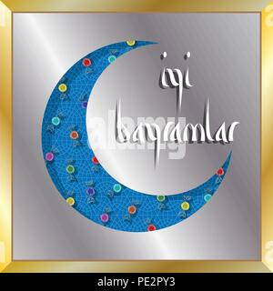 Message d'eid turc avec croissant de lune et des bonbons pour un jour férié musulman. Tous les objets sont dans des couches différentes et les types de texte n'a pas besoin d'un fon Illustration de Vecteur