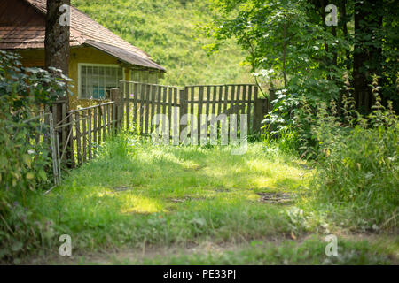 Ancienne maison rurale en bois dans une zone montagneuse dans les Carpates. Bâtiment traditionnel. Cour avec l'herbe verte. Banque D'Images