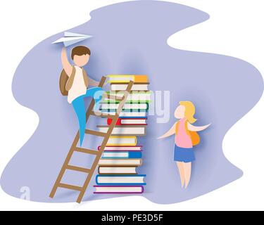 Retour à l'école 1 septembre carte avec boy, girl, livres. Vector illustration. Coupe papier et de l'artisanat traditionnel. Illustration de Vecteur