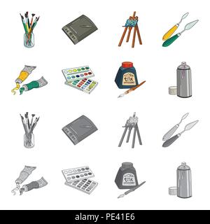 Balonchik les peintures, les tubes avec de la peinture, aquarelle dans une boîte, dans une bouteille d'encre et un stylo.jeu de dessins de l'artiste et icônes de la collection cartoon,style monochrome Illustration de Vecteur