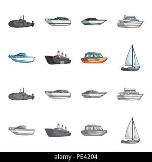 Bateau de sauvetage, de protection, de marchandises navire à vapeur, location de bateaux et de sports.le transport de l'eau définie en icônes collection cartoon style monochrome,stock symbol vector Illustration de Vecteur