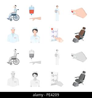 Le médecin traitant, l'infirmière, le cardiogramme du coeur, le fauteuil dentaire. Collection d'icônes dans Medicineset,cartoon vector style monochrome sym Illustration de Vecteur