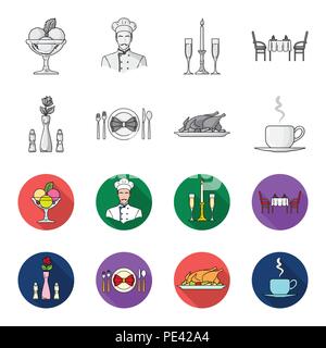 Vase avec une fleur, table, poulet frit avec garniture, une tasse de café.Restaurant situé à icônes collection en monochrome,style plat symbole vecteur Illustration de Vecteur