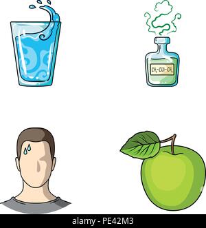 Un verre d'eau, une bouteille d'alcool, un homme de la sudation, une pomme. Jeu Diabeth icônes de la collection cartoon style symbole vecteur illustration de stock . Illustration de Vecteur