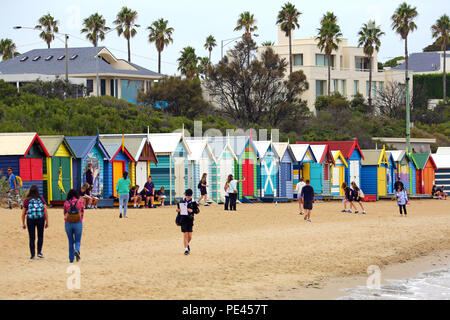 Cabines colorées sur Dendy Street, Brighton Beach, ville de Bayside, Victoria, Australie Banque D'Images