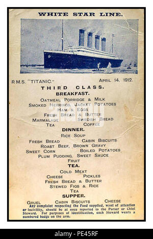 TITANIC MENU DE TROISIÈME CLASSE RMS Menu Titanic dernier petit déjeuner/dîner/thé/Menu dîner pour passagers de troisième classe avril 14th 1912 le jour fatidique tragique où RMS Titanic a frappé un iceberg et a coulé avec environ 1800 passagers qui ont perdu la vie Banque D'Images