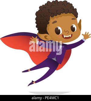 Partie de costume pour les enfants. Garçon vampire Dracula afro-américaines dans Halloween Costume de rire et de voler. Vector Cartoon Caractère pour partie, invitations, web, mascot. Isolé Illustration de Vecteur