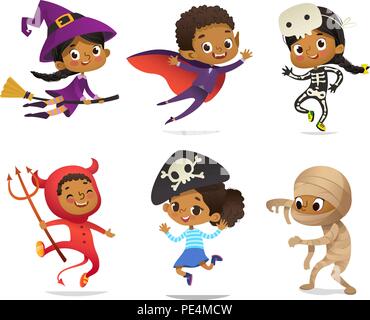 Ensemble d'Afro-américains, garçons et filles, portant des costumes de Halloween isolé sur fond blanc. Vector Cartoon caractères de sorcière pour enfants, pirate, Dracula, devil, squelette, momie, pour partie, web, mascot Illustration de Vecteur