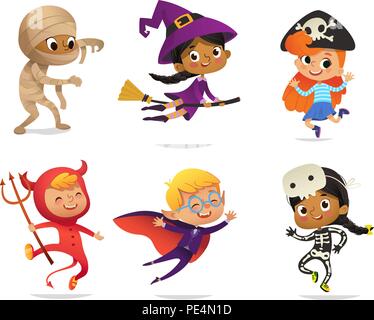 Jeu de société multiraciale, garçons et filles, portant des costumes de Halloween isolé sur fond blanc. Vector Cartoon caractères de sorcière pour enfants, pirate, Dracula, devil, squelette, momie, pour partie, web, mascot Illustration de Vecteur