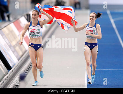 La France Logiciel Laura Weightman (à gauche) et Laura Muir célébrer remporter des médailles lors de la finale du 1 500 m femmes lors de la sixième journée des Championnats d'Europe d'athlétisme 2018 au Stade Olympique de Berlin. ASSOCIATION DE PRESSE Photo. Photo date : dimanche 12 août 2018. Voir l'activité de l'histoire de l'ATHLÉTISME. Crédit photo doit se lire : Martin Rickett/PA Wire. RESTRICTIONS : usage éditorial uniquement, pas d'utilisation commerciale sans autorisation préalable Banque D'Images