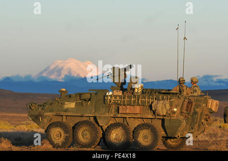 Soldats affectés au 4e Bataillon, 23e Régiment d'infanterie, 2e brigade Stryker, 2e Division d'infanterie, attendre le début de l'exercice de tir réel culminant de la hausse au centre de formation de Thunder Yakima, Washington, 21 septembre 2015. Banque D'Images