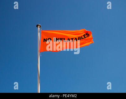 Image en couleur d'un drapeau orange avec pas de pneumatiques en lettres noires sur un mât métallique, tourné à partir de ci-dessous contre un ciel bleu clair Banque D'Images
