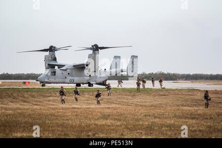 Les Marines américains et espagnols d'établir un périmètre de sécurité combiné au cours d'une démonstration d'interopérabilité pour le secrétaire américain à la défense, Ashton Carter, le 6 octobre, à bord de la Base Aérienne de Morón, Espagne. Carter a souligné l'importance de travailler avec les pays partenaires et à continuer à promouvoir des relations par le biais d'exercices de formation. (U.S. Marine Corps photo par le s.. Vitaliy Rusavskiy) Banque D'Images