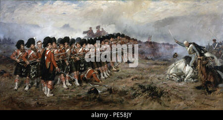 La mince ligne rouge 1881 La peinture de Robert Gibb montrant la 93e (Sutherland Highlanders) Regiment of Foot debout contre la cavalerie russe à la bataille de Balaklava le 25 octobre 1854 lors de la guerre de Crimée Banque D'Images