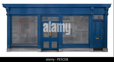 Façade en bois peint bleu d'un prix de vente avec shop et extra house entrée isolé sur fond blanc Banque D'Images
