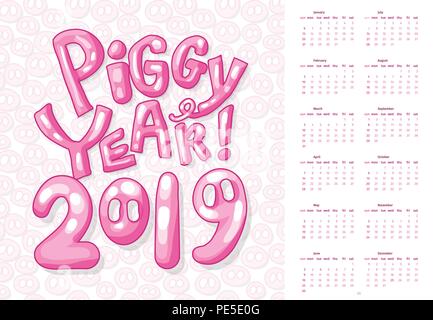 Capot avant pour 2019 Calendrier Pink Piggy Année. Cartoon et Style enfantin. Semaine commence le dimanche. Museau de porc et le lettrage Slogan Piggy Année. Imprimer avec l'affiche de la fête .Organisateur Illustration de Vecteur