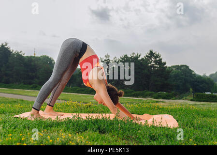 Yoga woman standing in bas poser dans la nature Banque D'Images