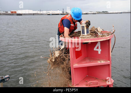 Maître de 2e classe Lee Caddell, un maître de manœuvre d'aides à la navigation de la Garde côtière de New York Équipe efface un nid d'oiseau sur une bouée le long de la rivière Navesink au New Jersey, le 29 septembre, 2015. Les hommes et les femmes de New York ANT sont responsables de l'entretien, 96 480 aides principales aides saisonnières et 9 phares majeurs, ce qui permet de garantir la sécurité du transport maritime dans la région. (U.S. Photo de la Garde côtière canadienne par le maître de 3e classe Ali Flockerzi.) Banque D'Images