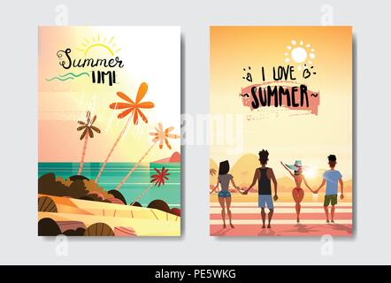 L'amour d'été jeu de personnes se tenant la main à coucher du soleil Vue arrière plage tropicale Design badge Label. locations de lettrage pour modèles,logo, invitation, carte de vœux, estampes et affiches. Illustration de Vecteur