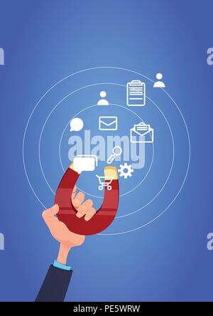 Aimant la main tirant l'icône de communication. chat support d'usinage sur fond bleu modèle plat Illustration de Vecteur