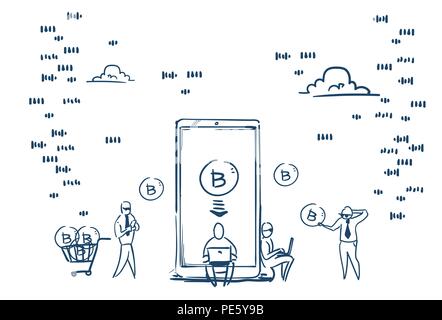 Application mobile bitcoin minière cryptocurrency les gens d'affaires en ligne en pièces panier concept fond blanc doodle croquis Illustration de Vecteur
