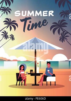 Vacances d'été couple homme femme boire du vin parapluie sur sunset beach tropical island télévision verticale Illustration de Vecteur