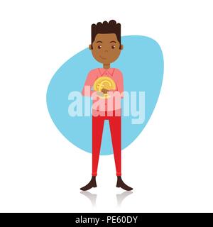 African American man character holding euro coin exchange concept modèle pour les travaux de conception ou d'animation sur fond blanc télévision pleine longueur Illustration de Vecteur