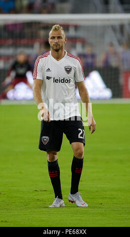 12 août 2018 : D.C. United Defender # 27 Vytautas Andriuskevicius s'échauffe avant un match de soccer MLS entre le D.C. United et de l'Orlando City SC au champ d'Audi à Washington DC. Justin Cooper/CSM Banque D'Images