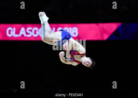 Glasgow, Ecosse, Royaume-Uni. 12 août 2018. concurrence à l'exercice au sol en gymnastique artistique masculine pendant la finale de l'appareil European Championships 2018 Glasgow à l'Hydro SSE le dimanche, 12 août 2018. GLASGOW EN ÉCOSSE. Credit : Taka G Wu Banque D'Images