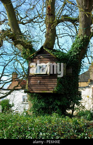 En bois enfants playhouse sur un arbre recouvert de lierre Banque D'Images