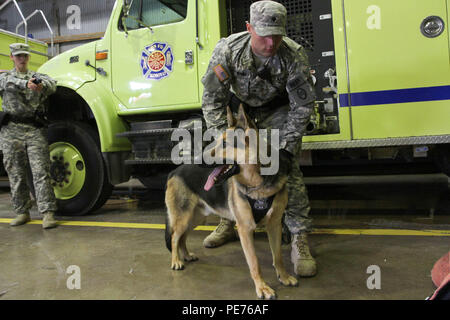 Réserve de l'armée américaine de la CPS. Christopher Boatwright, un soldat de la police militaire à la 363e Compagnie de Police militaire hors de Grafton, W.V., se tient prêt avec le s.. Lex, un chien de travail militaire, au cours d'un exercice de déminage du bâtiment 30 septembre 2015, le Camp Bondsteel, au Kosovo. Boatwright's unité est actuellement déployé au Kosovo avec les multinationales bataille Group-East, partie de la KFOR de l'OTAN de la mission de soutien de la paix. La journée de formation a été menée pour assurer la police militaire les équipes sont familiers avec chien de travail militaire tout en répondant à des procédures-active shooter ou situations explosives non explosées. (U.S. Arm Banque D'Images