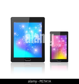Modern digital tablet PC avec mobile smartphone isolé sur le blanc. Résumé des formes 3D fluide liquide mode vecteur origines couleurs. Liquide de couleur composition graphique. Illustration de Vecteur