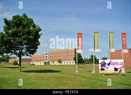 University of Prince Edward Island bâtiments, drapeaux, mascotte et un arbre sur l'Île du Prince Édouard, Canada Banque D'Images